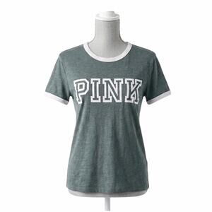 VS PINK Ringer T-Shirt Small Green White Graphic Logo Short Sleeve Casual Summer